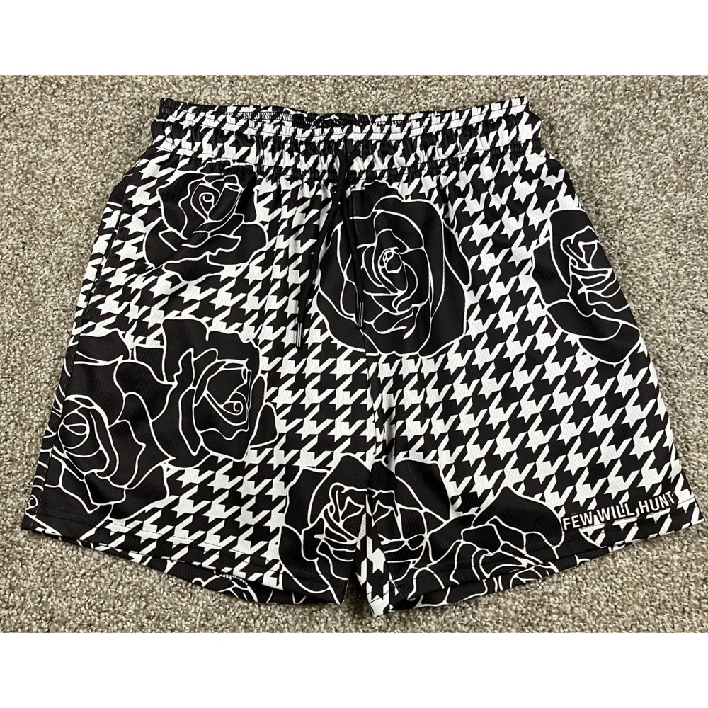 Few Will Hunt Mens Mesh Athletic Shorts Black White Houndstooth Floral Medium